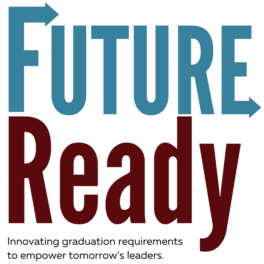 Future Ready Logo. Blue Future with arrows on the F and E. Followed by the word "ready" below in dark red.