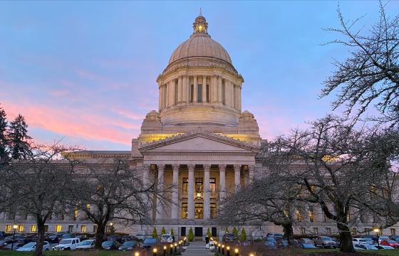 The state capitol building at sunset