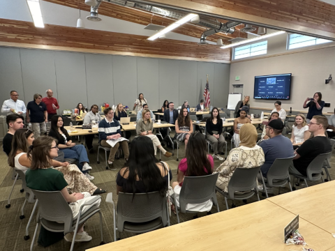 Student Board members along with students from Rhizome and College Success Foundation during a student fishbowl conversation at the Board’s annual planning meeting on June 26, 2024, in Spokane, WA.