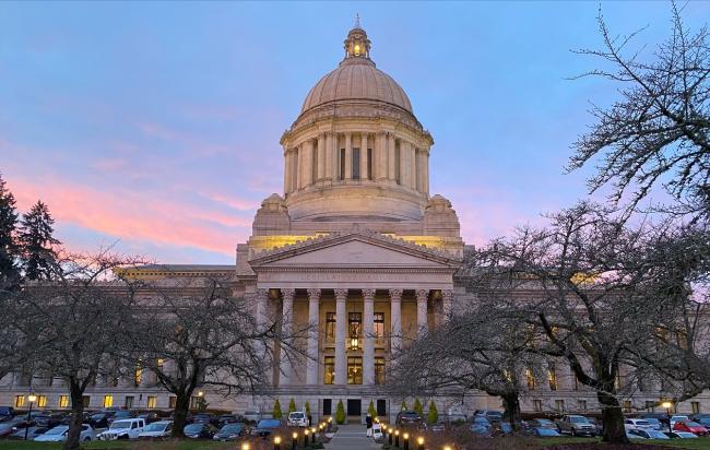 The state capitol building at sunset